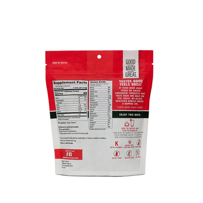Good Made Great Foods Power to the Coffee Unflavored Back of Pouch Supplement Panel, Dairy-Free, Soy-Free and Whey-Free